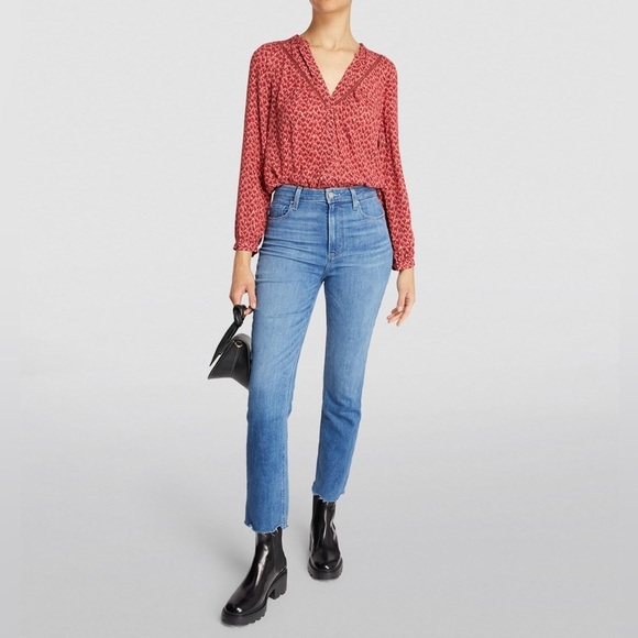 PAIGE Doris V-Neck Red Papaya Multi Gold Long Sleeve Button Down Blouse NWT Sz L - Picture 4 of 12